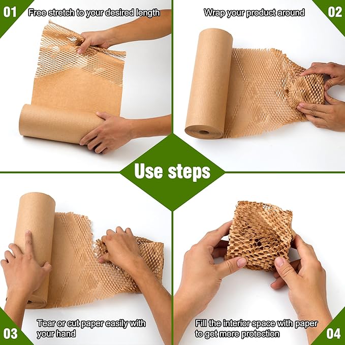 Honeycomb Packing Paper 12" Width X 400 FT for Moving Glass Dishes Recyclable Wrapping Paper Bubble Wrap Packing Material for Shipping Fragile Items Shipping Filler with 20 Fragile Stickers