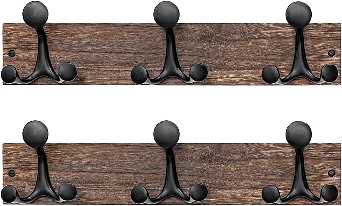 SKOLOO 17-Inch Wood Burnt Coat Rack Wall Mount with 3 Triple Hooks - Ideal for Family Entrances, Classrooms, and Pet Supplies Storage - Perfect Coat Hooks for Wall, Pack of 2
