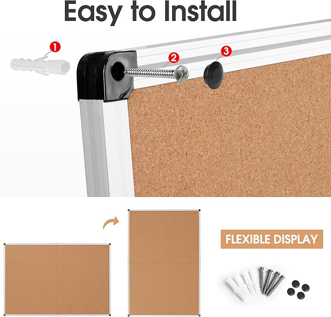 Board2by Extra Large Cork Bulletin Board 60" X 48", Foldable Notice Pin Board for Wall, Silver Aluminum Framed 5'x4' Corkboard, Wall Mounted Noticeboard with 36 Push Pins for School, Home & Office