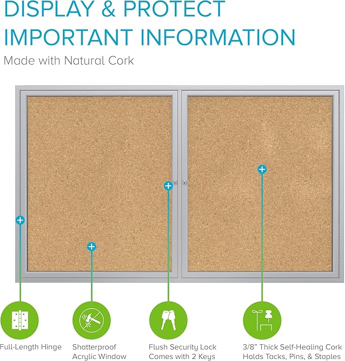 Ghent 36"x60" 2-Door indoor Enclosed Bulletin Board , Shatter Resistant, with Lock, Satin Aluminum Frame - Natural Cork (PA23660K) Made in the USA