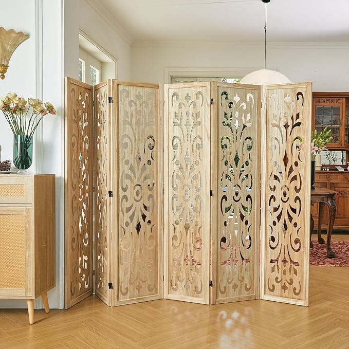 5.6Ft Room Divider Folding Wood Classical Carved Partition Screen for Home Office Garden - 6 Panels (Natural)