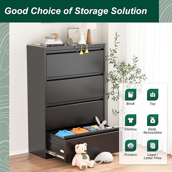 Superday Filing Cabinet Lateral File Cabinet 4 Drawer, Filing Cabinets with Lock, Locking Metal File Cabinets for Home OfficeLegal/Letter/A4/F4(Black)