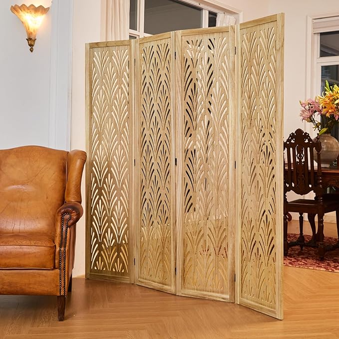 5.6Ft Room Divider Folding Wood Simple Carved Partition Screen for Home Office Garden - 4 Panels (Natural)