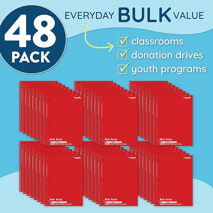 Blue Summit Red Wide Ruled Spiral Notebooks Bulk, 1 Subject Spiral Notebook Wide Ruled, Paper School Bulk Notebooks, 48 Pack
