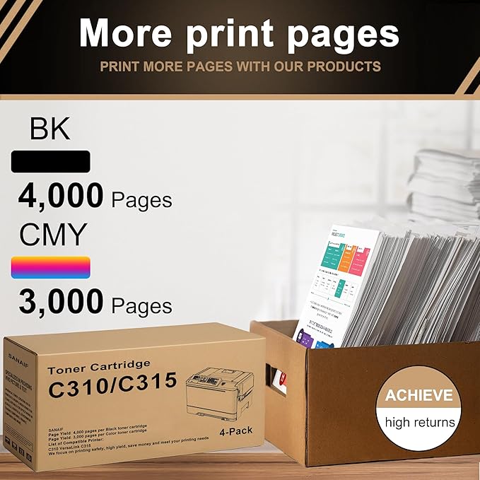 VersaLink C310/C315 Toner Cartridges New Technology High-Yield Replacement for Xerox C310/C315/DNI Series Printer | Replaces 006R04356/006R04357/006R04358/006R04359(BK, C, M, Y)