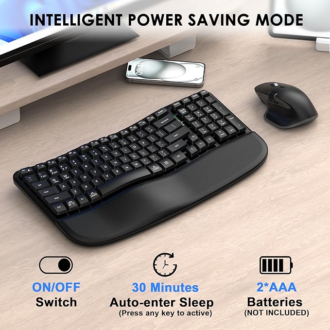 Ergonomic Keyboard and Mouse Combo, Bluetooth/2.4G Wireless Ergo Wave Curved Keyboard with Cushioned Palm Rest and 6 Levels DPI Adjustable Silent Mouse, Multi-Device for Windows/Mac/Android