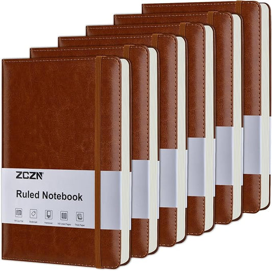ZCZN Lined Journal Notebooks for Work, 5.5x8.3 in, 192 Pages, Hardcover Leather A5 Journals for Writing, Diary & Travel, College Ruled Journaling Notebooks for School, Office, Home (Brown*6)