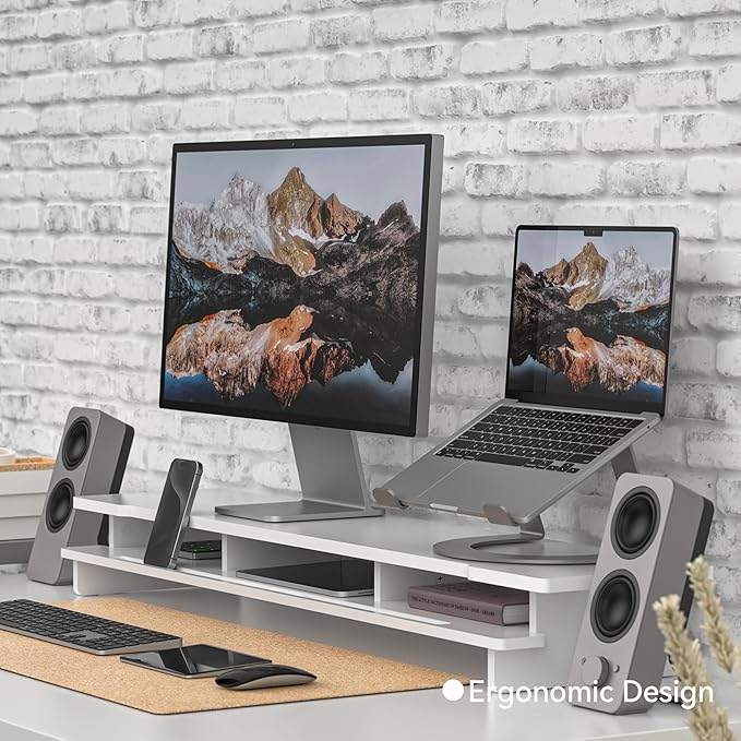 Monitor Stand Dual Monitor Stand Riser for Desk,Wood Desk Shelf Storage Organizer with Phone Tablet Holder (42.5 Inch, White)