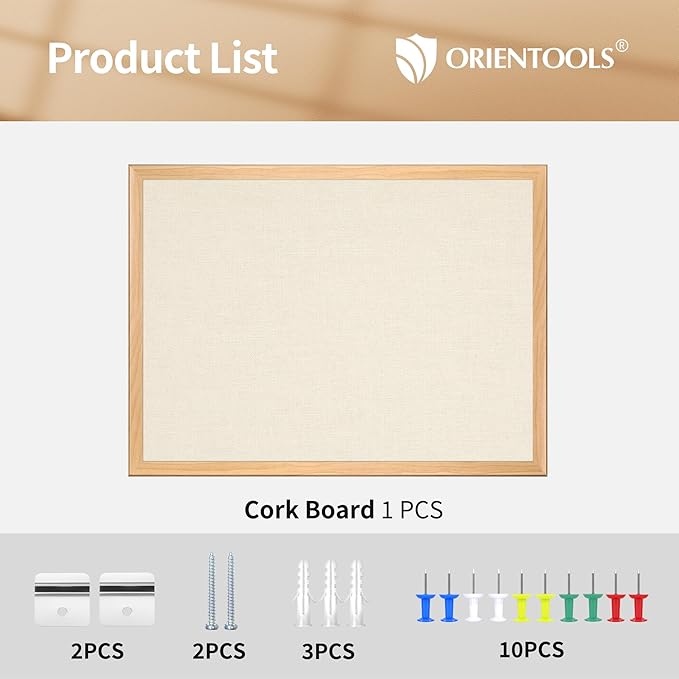 SHANTRA 24 x 18 Inch Bulletin Board with Beige Fabric, Wood Framed Canvas Cork Board, Corkboard for Walls with 10 Pins, Decorative Vision Board, Wall Mounted Notice Board for Home, Office, School