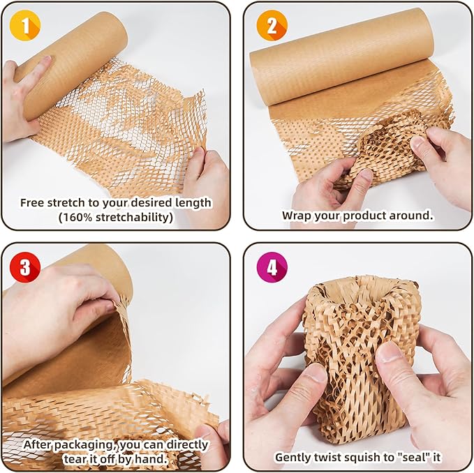 Honeycomb Packing Paper Wrap 12"x100' Sustainable Alternative to Bubble Wrap for Moving Shipping/Gift, Biodegradable & Fully Recyclable Bubble Paper Wrapping with 20 Fragile Sticker……