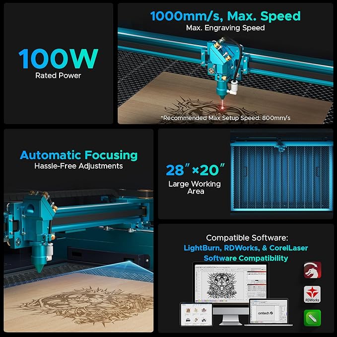 OMTech Pronto 100W CO2 Laser Engraver with Water Chiller&LightBurn, 28"x20" Laser Engraving Machine with Autofocus 2 Way Pass-Throughs Built-in Air Assist, Laser Cutter for Wood Glass Acrylic More