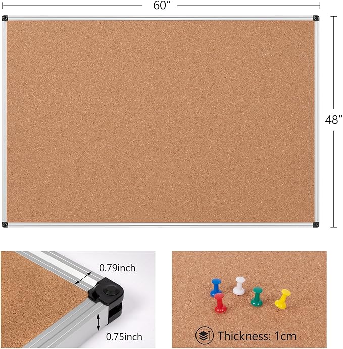 Board2by Extra Large Cork Bulletin Board 60" X 48", Silver Aluminum Framed 5'x4' Corkboard for Wall, Wall Mounted Notice Pin Board with 18 Push Pins for School, Home & Office