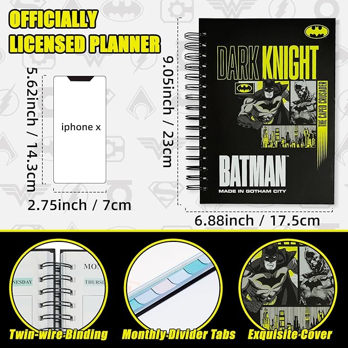 Super Hero Academic Planner, Weekly Monthly Daily Agenda, Custom Date Organizer for Time Management, Spiral Bound Notebook with Colorful Tabs,Datebooks for Student, Adult(Black Gold)