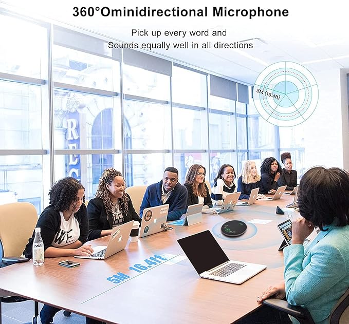 Bluetooth Speakerphone Conference Microphones, Wireless Conference Speaker 360°Voice Pick up with 4 AI Noise Cancellation Mics USB/Dongle/Bluetooth Connection 8 Hour Call Time for 8-12 People