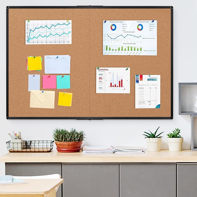 Board2by Extra Large Cork Bulletin Board 60" X 36", Foldable Notice Pin Board for Wall, Black Aluminum Framed 5'x3' Corkboard, Wall Mounted Noticeboard with 36 Push Pins for School, Home & Office
