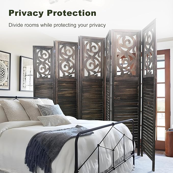 NicBex 8 Panel Room Divider,5.6FT Wood Carved Room Dividers,Folding Privacy Screens Portable Freestanding Partition Wall Dividers for Room Separation,Home Bedroom Office,Rustic Brown