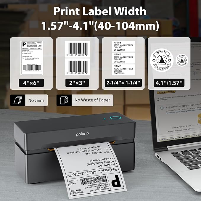 POLONO Bluetooth Thermal Shipping Label Printer, Wireless 4x6 Shipping Label Printer for Small Business, Support iOS, Android, Windows and Mac, Compatible with Amazon, Ebay, Shopify, Etsy, USPS(Brown)