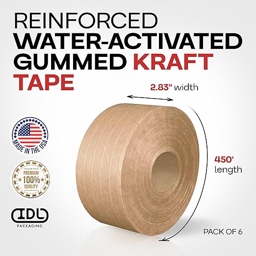 IDL Packaging 2.83" x 450 feet Reinforced Water-Activated Kraft Gummed Tape 30lb Thickness (Pack of 6) - Secure Paper Packing Tape for Secure Carton Sealing - Heavy-Duty for All Conditions, Brown