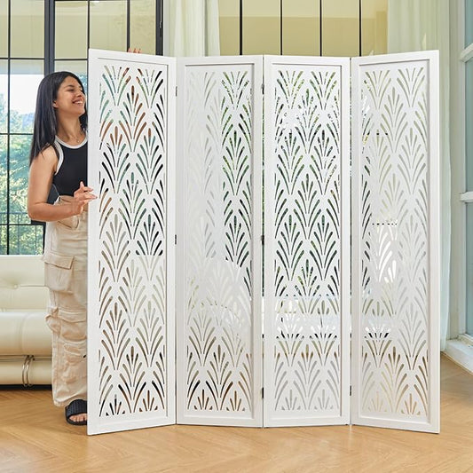 5.6Ft Room Divider Folding Wood Simple Carved Partition Screen for Home Office Garden - 4 Panels (White)