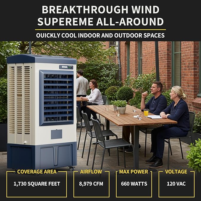 Landeagle 56″ Swamp Cooler Air Conditioner, 8979CFM Portable Evaporative Coolers with 35.5 Gal Tank,120°Oscillation, Outdoor Cooling Fan with Continuous Auto Fill for Patio Garage Industry Commercial