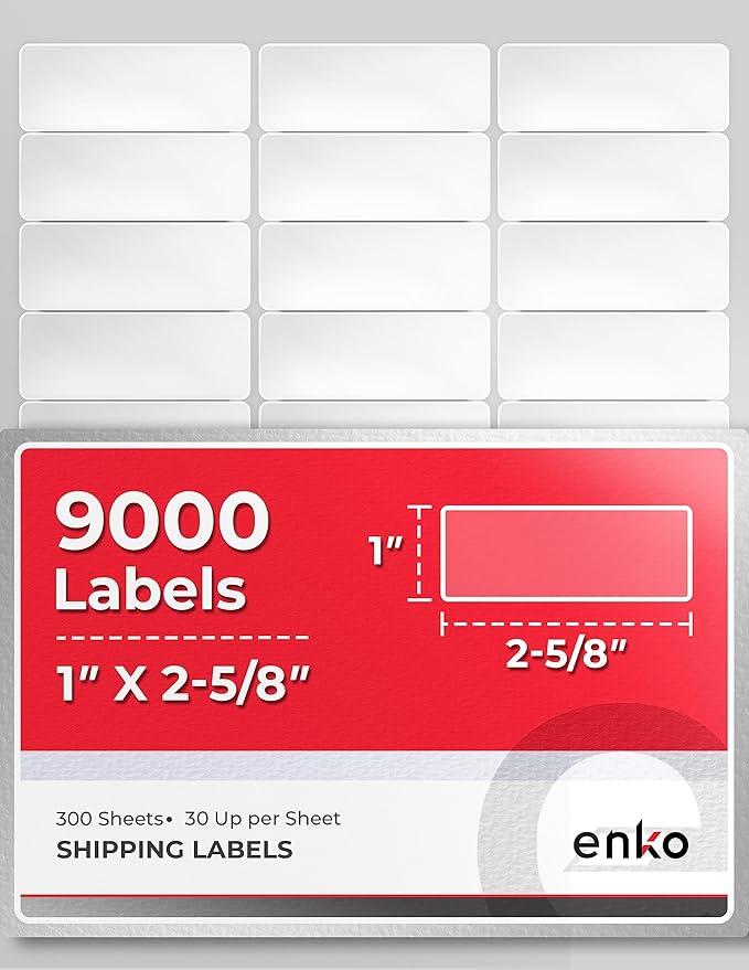 enKo 1 x 2-5/8 Inch 30 Up Return Mailing Address Labels White Printable FBA Labels (300 Sheets, 9000 Labels)