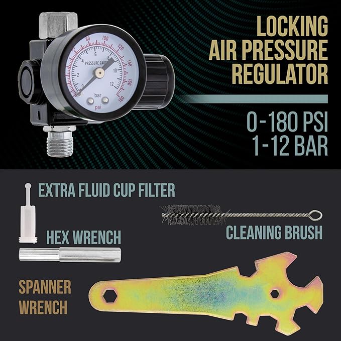 TCP Global Professional HVLP Spray Gun 2.5mm - Gravity Feed Auto Paint Gun Kit for Basecoat, Clearcoat, Primer - Spray Guns Paint Sprayer with Air Compressor Regulator (G6600-13)