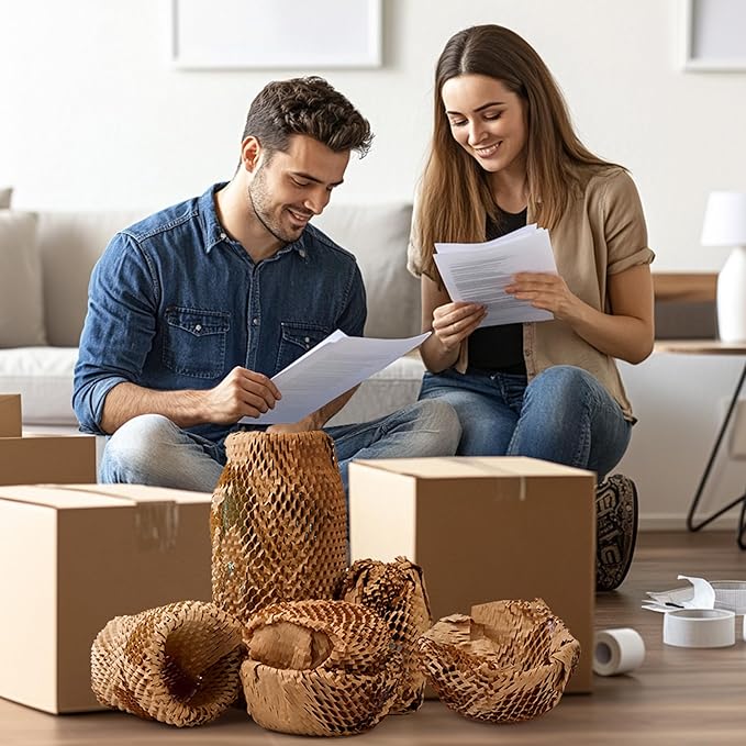 Honeycomb Packing Paper 15" Width X 300 FT for Moving Glass Dishes Recyclable Wrapping Paper Bubble Wrap Packing Material for Shipping Fragile Items Shipping Filler with 20 Fragile Stickers