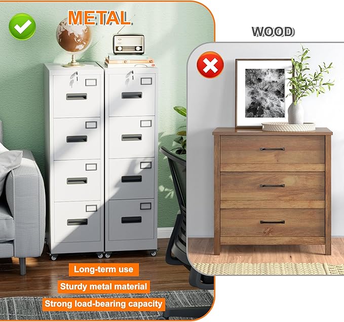 Aobabo 56" H 4 Drawer Moblie Office File Cabinet with Lock, Rolling Metal Filing Storage Cabinet, Legal/Letter A4 Size, White, Assembly Required