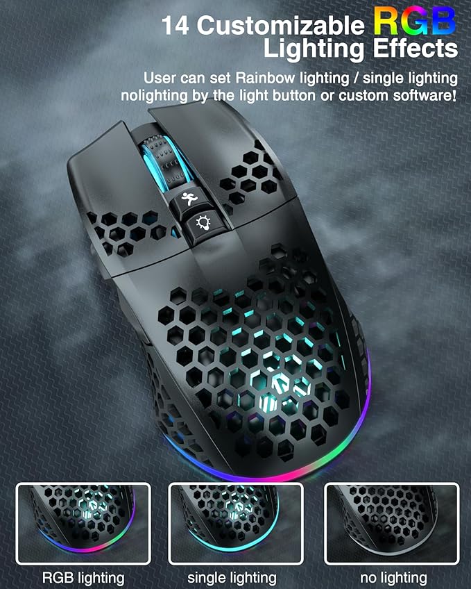 SM600 Honeycomb Shell Gaming Mouse Wireless,8000 DPI Tri-Modes BT5.1/2.4G Wireless/Type-C Wired Gamer Mouse with 2 Side Buttons, Macro Programmable and RGB Light for PC/Mac/Laptop,Black