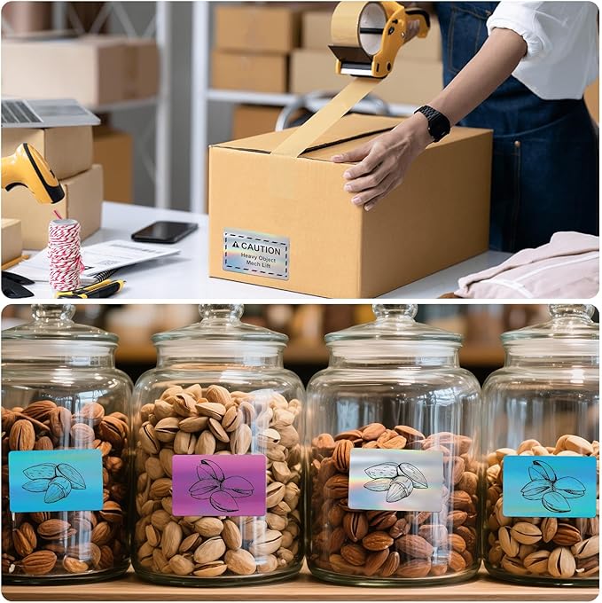 3x2'' Holographic Thermal Labels,3 Rolls Square Label Sticker for Phomemo 241BT for MUNBYN 130B/RW402B Printer,600Pcs Waterproof Label Paper for Address/Logo/Barcode/Price/Thanks