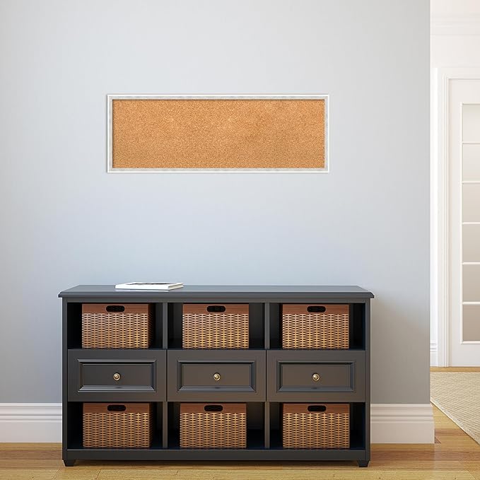 Amanti Art Natural Cork Board for Wall, 13x37 Vision Board with White Frame, Medium Corkboard Office Decor for Home Organization, Modern Corkboard Pinboard to Display Items for Home Organization in