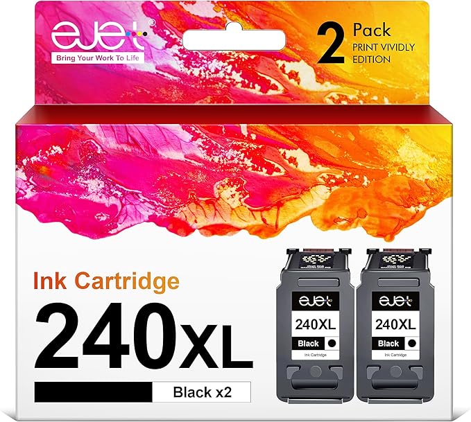 ejet 240XL PG-240 Black Ink Cartridge Remanufactured Replacement for Canon 240XL Black Ink Cartridge PG-240 XL for Canon Pixma MG3620 TS5120 MG2120 MG3520 MX452 MX512 MX532 MX472 Printer (2-Black)