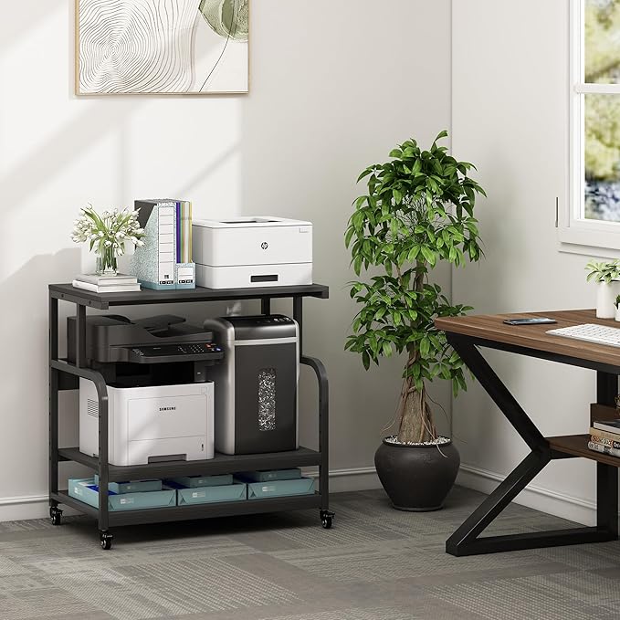 32.3" x 18.9" Extra Large Printer Stand Table with Adjustable Storage Shelf, 3 Tier Rolling Printer Cart with Industrial Wheels for Home Office, Black