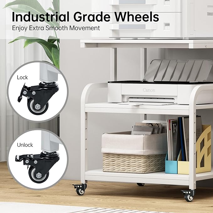 Printer Stand, 25.6" x 23.6" x 30.9" Extra Large Printer Table with Adjustable Storage Shelf, 3 Tier Rolling Printer Cart with Industrial Wheels for Home Office, White