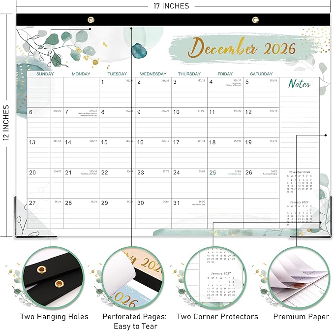 2026 Desk Calendar - Desk Calendar 2026, Jan 2026 - Dec 2026, 12 Monthly Desk/Wall Calendar Large 17" x 12", Large Ruled Blocks, Notes, Thick Paper