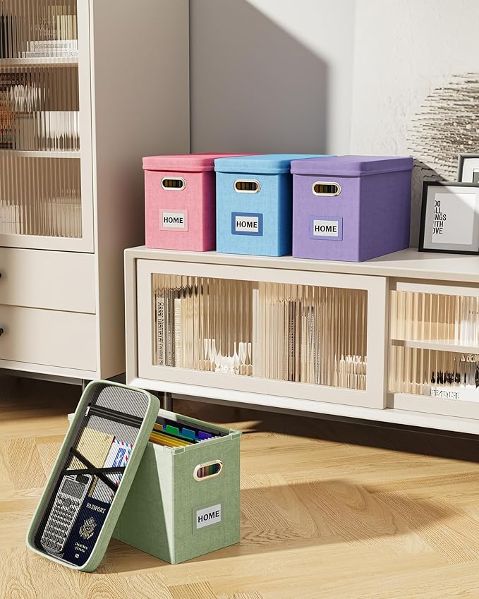 Oterri File Organizer Box with Lid, Hanging Filing File Box with Mesh Pocket, Document Organizer Box for Letter Files, Portable Storage Box with Smooth Sliding Rail for Office&Home (1 PCS, Lavender)