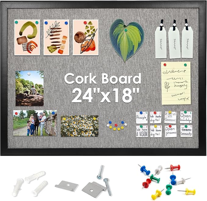 SHANTRA 24 x 18 Inch Bulletin Board with Grey Fabric, Wood Framed Canvas Cork Board, Corkboard for Walls with 10 Pins, Decorative Vision Board, Wall Mounted Notice Board for Home, Office, School