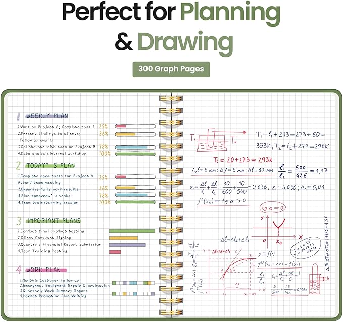 Spiral Graph Paper Notebook Journal for Work, 300 Pages, Thick B5 (7.1"x10") Grid Journals for Women & Writing, Hardcover Notebook for Note Taking, Perfect for Work School Note Taking Business, Green