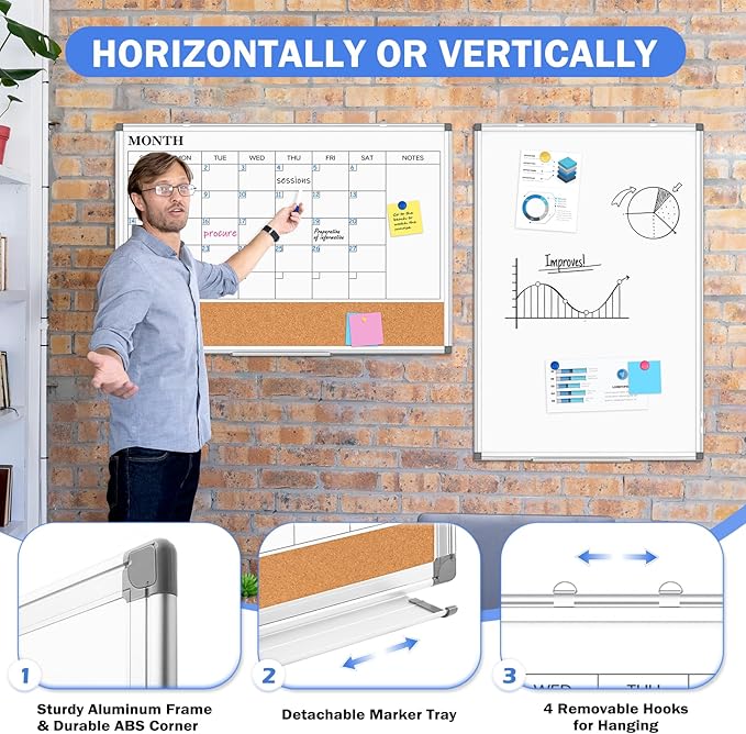 Monthly Calendar Whiteboard Dry Erase Cork Board Combo for Wall, 30" x 20" Magnetic Double-Sided Calendar White Board and Bulletin Board, Portable Board for Office, Kitchen, School, Home, Dorm