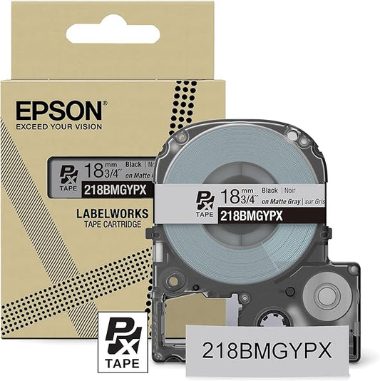 Epson LABELWORKS 218BMGYPX Genuine PET (Polyester) Tape Cartridge - Black on Matte Light Gray Designer Craft Label Maker Tape - 3/4" (18MM) Wide, 26'