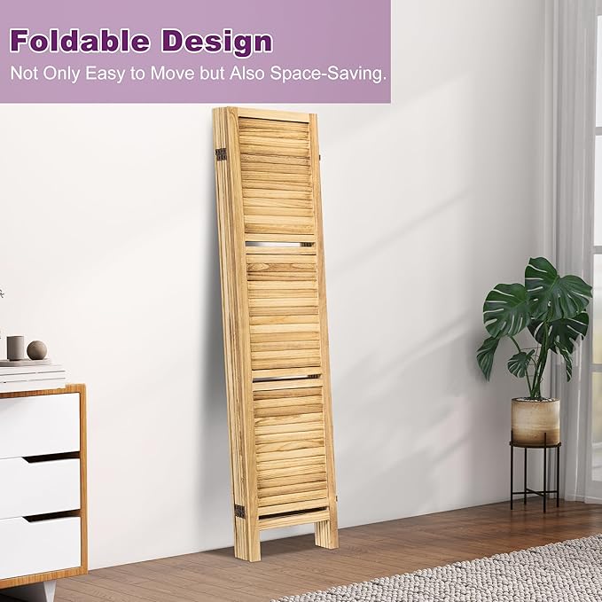 Room Divider with Shelves, 5.6FT Folding Room Divider Panel, 6 Panel Wood Partition Wall Divider for Room Separation, Natural Wood