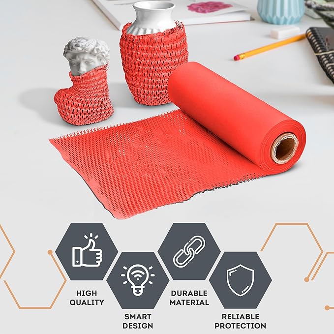 Red Honeycomb Packing Paper for Moving Breakables, 15 Inch x 100 Feet. Fragile Shipping Supplies. Perforated Packing Materials for Fragile Items. Moving Paper Wrap. Eco Friendly Packaging