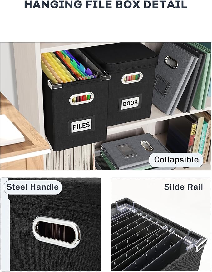 Oterri File Organizer Box with Lid, Hanging Filing File Box with Mesh Pocket, Document Organizer Box for Letter Files, Portable Storage Box with Smooth Sliding Rail for Office&Home (1 PCS, Black)