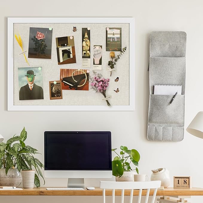 Cork Board Bulletin Board 18" x 24", Large Linen Corkboards with Frame for Walls, Cute Picture Display Pin Board Vision Board for Room School Office Bedroom 20 Pushpins Vintage White