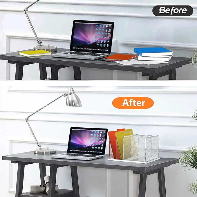 Kuntine.B Desk File Organizer Upright Mesh Desktop Organizer File Sorter Office Organization File Holder for Home, Office & Classroom (Silver, 1 Pack 5-Section)