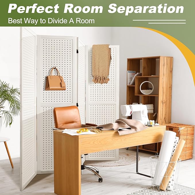 NicBex 4 Panel Pegboard Display,5.6FT Wood PegBoard Room Dividers,Folding Privacy Screens Portable Freestanding Display Board for Craft/Art Shows,Room Separation,White