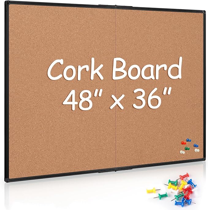 Board2by Cork Board Bulletin Board 36 x 48, Foldable Notice Pin Board for Wall, Black Aluminum Framed 4x3 Corkboard, Large Wall Mounted Office Board with 36 Push Pins for School & Home