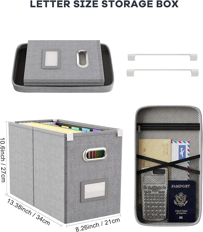 Oterri File Organizer Box with Lid, Hanging Filing File Box with Mesh Pocket, Document Organizer Box for Letter Files, Portable Storage Box with Smooth Sliding Rail for Office&Home (2 PCS, Light grey)