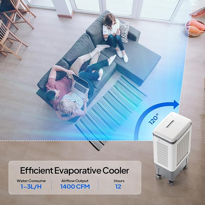 ROVSUN 1400CFM Evaporative Air Cooler, 5.2 Gal Portable Swamp Cooler with Auto Oscillating, Remote, 3 Speeds, 12H Timer & 4 Ice Packs, 3-IN-1 Humidifying Cooling Fan Indooor Patio Garage