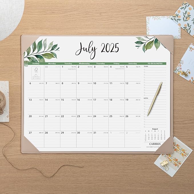 Large Desk Calendar 2025-2026 with Desktop Mat, Cabbrix Desk Pad Calendar 22 x 17 Inch Runs From July 2025 to December 2026 for Home Office and School, Leaf